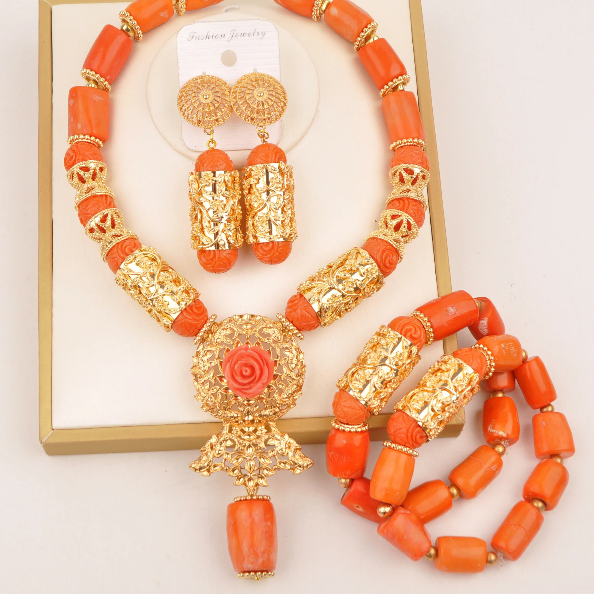 

Original orange coral bead necklace bridal wedding jewelry set