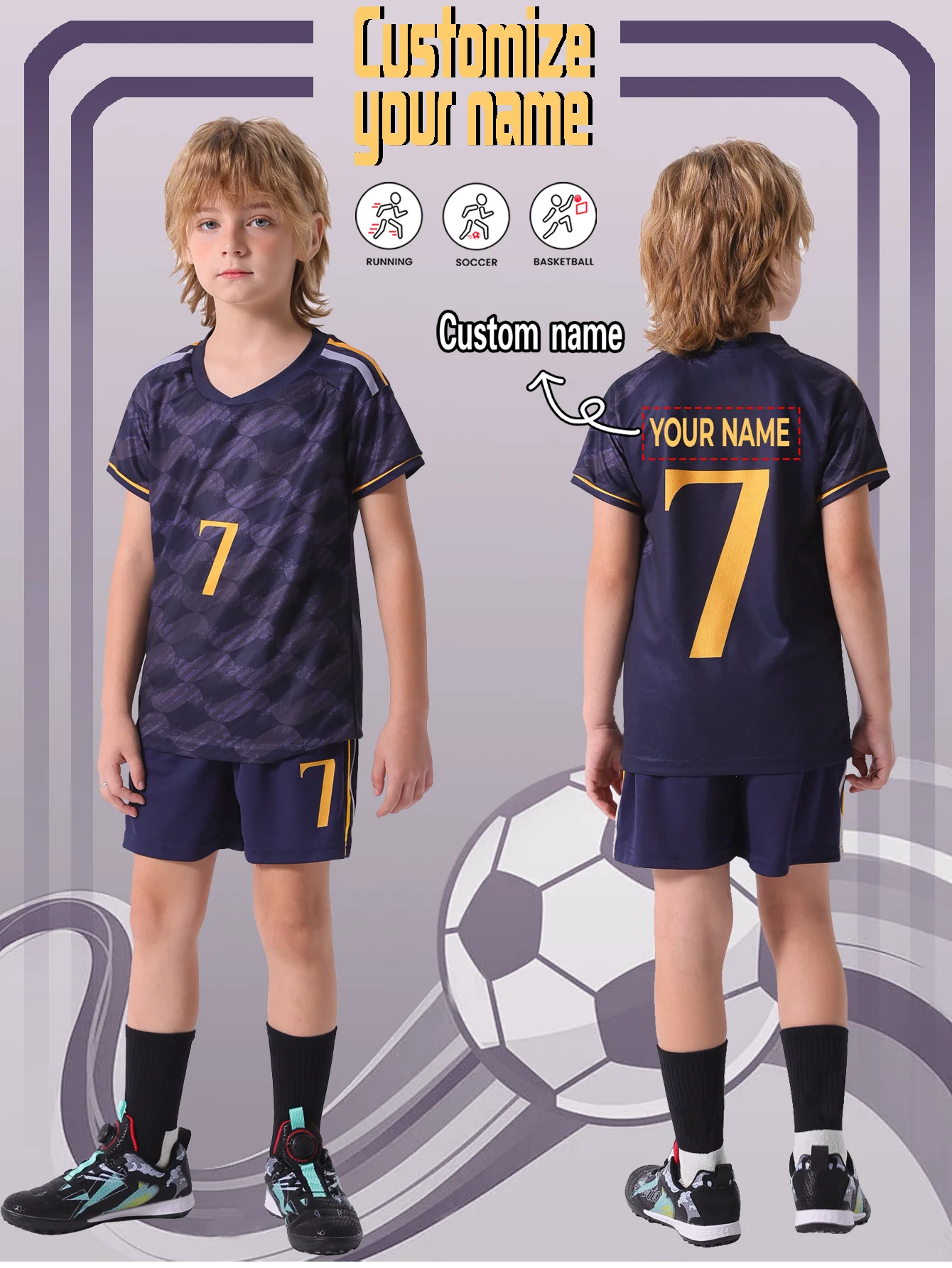 Kids And Teens Lightweight Quick-Dry Soccer Uniform Set for Sports Outdoor Wear Fixed Number 7 Back Name Personaliz