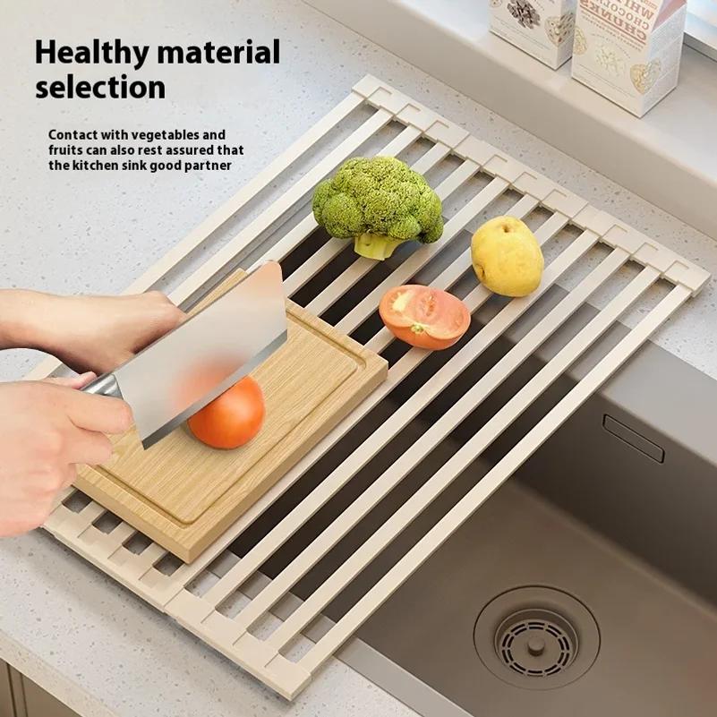304 stainless steel kitchen drain rack, foldable sink, drain basket, sink storage rack, roller shutter, silicone drain pad