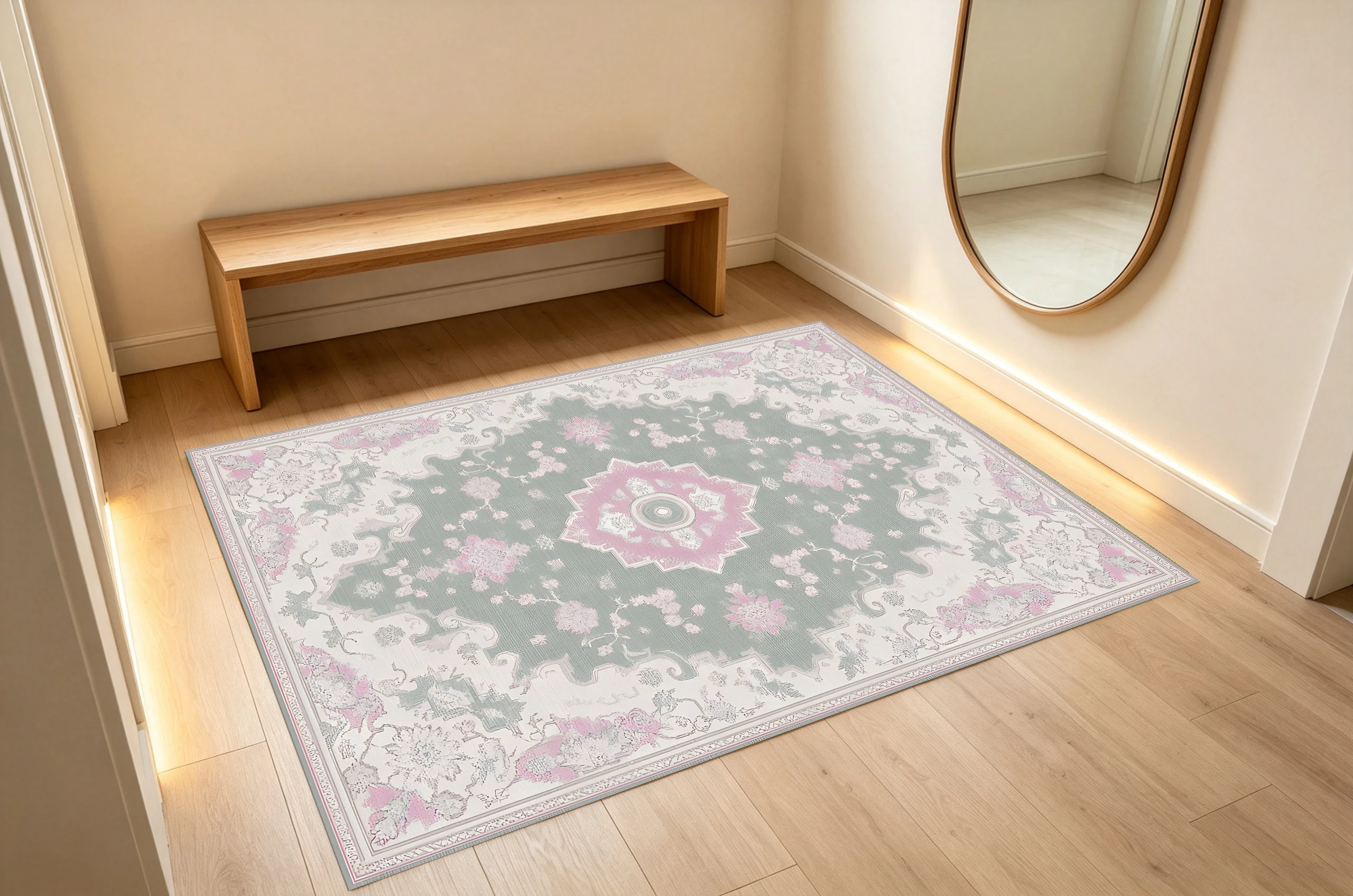 2D Carpet with Pink and Green Retro Symmetrical Persian Pattern in Light Luxury Retro Style for Living Room and Bedroom