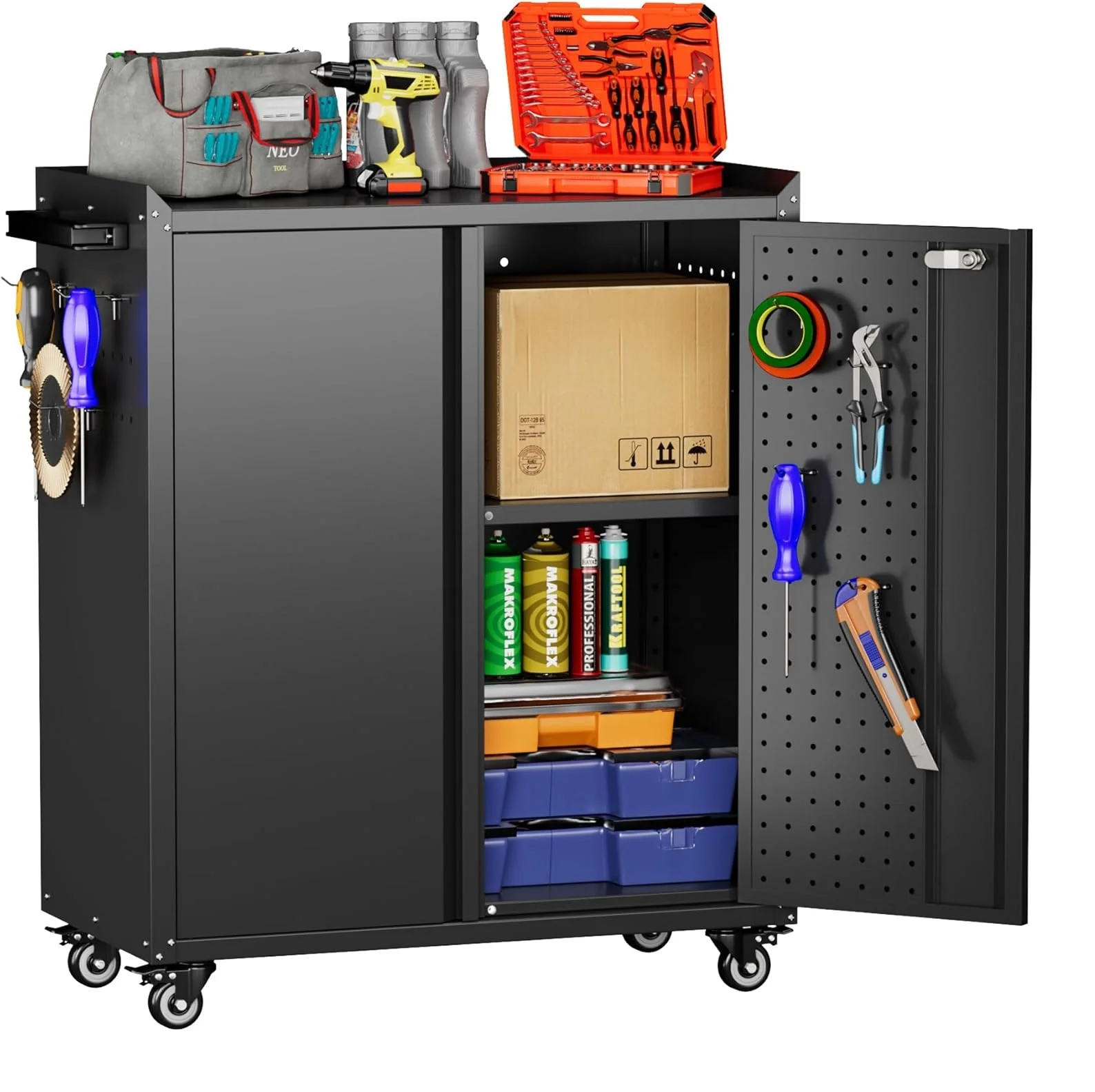 

Garage Storage Cabinet with Wheels & Pegboard, Locking Metal Tool Storage Cabinet with Doors and Shelf & Hooks for Garage, Home