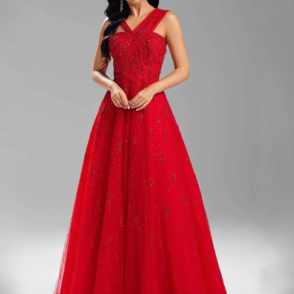 

A-Line Sequined Crystal Floor Length Sweep Train Evening Dress Delicate and Fashion Party Gowns V-Neck Organza Sleeveless