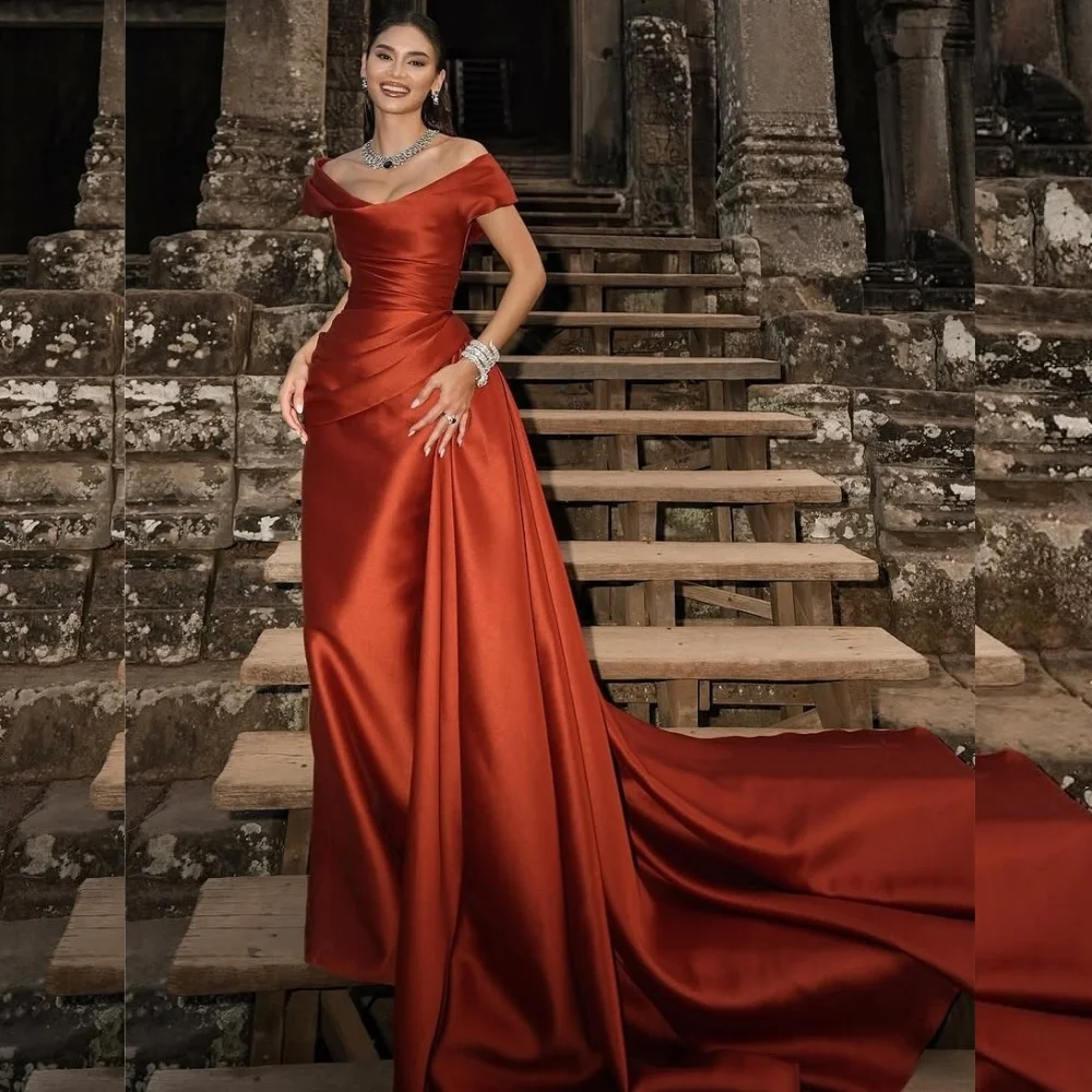 

Customized Intricate Matching Charmeuse Pleat Straight Off-the-shoulder Long Dresses Bespoke Occasion Classic
