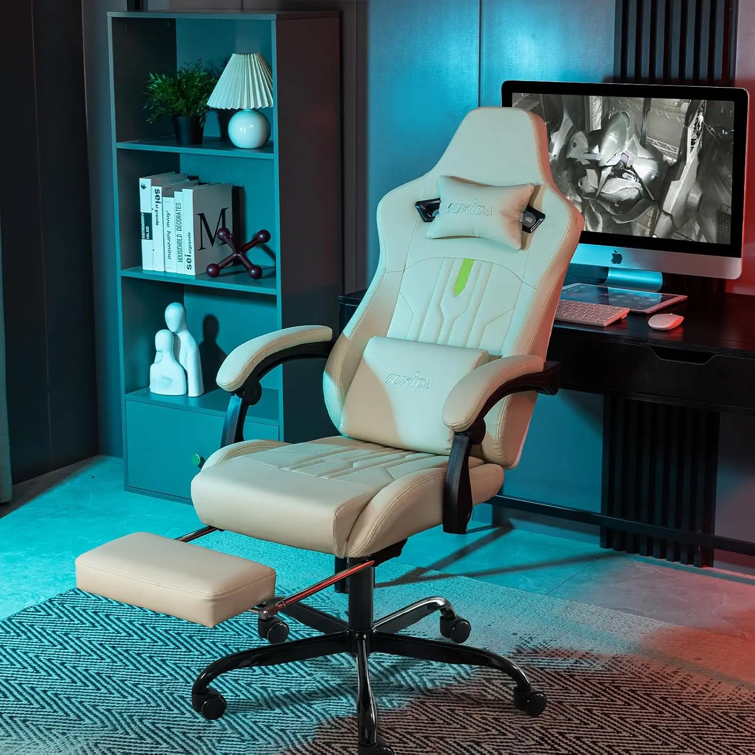 Gaming Chair with Footrest Ergonomic Computer Chair Massage Lumbar Cushion, Racing Video Game Chair Adjustable Rocker Recliner Executive Office Desk Chair Pu Leather for Adults, Beige