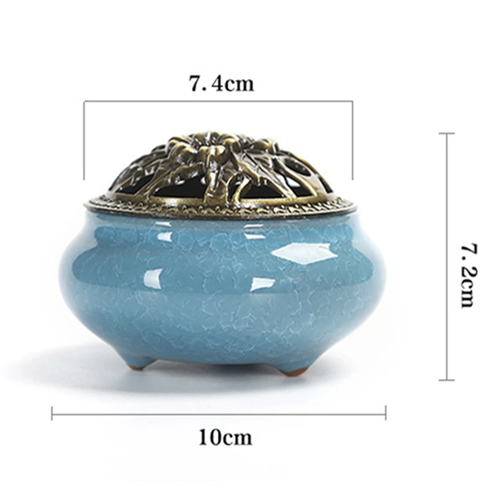 Ceramic Incense Burner Copper Cover Buddhist Antique Incense Coil Sandalwood Ice Crack Incense Holder