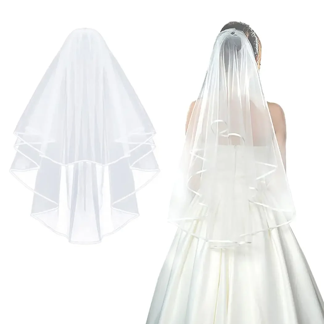 Velo da sposa Veli da sposa Veli corti in tulle bianco da donna Bordo in nastro con pettine per spose Costume da addio al nubilato