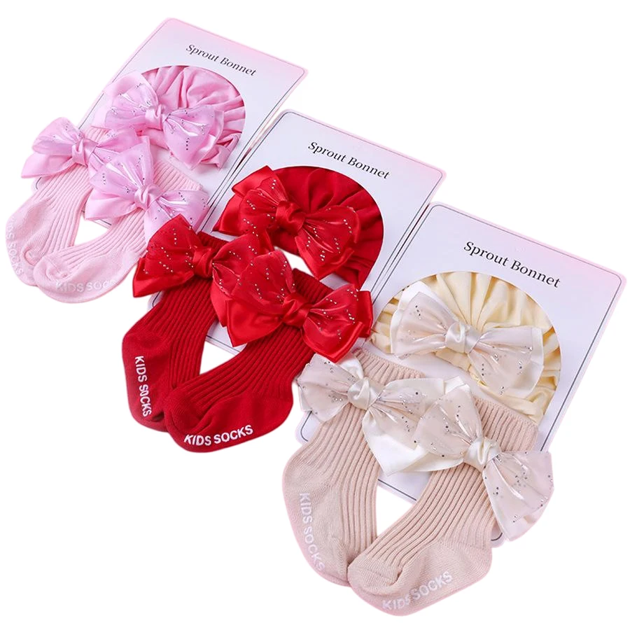 

1Set Newborn Big Bowknot Hat Cotton Long Socks New Baby Soft Solid Prewalker Sock Girl Infant Knitted Turban Cap Socks