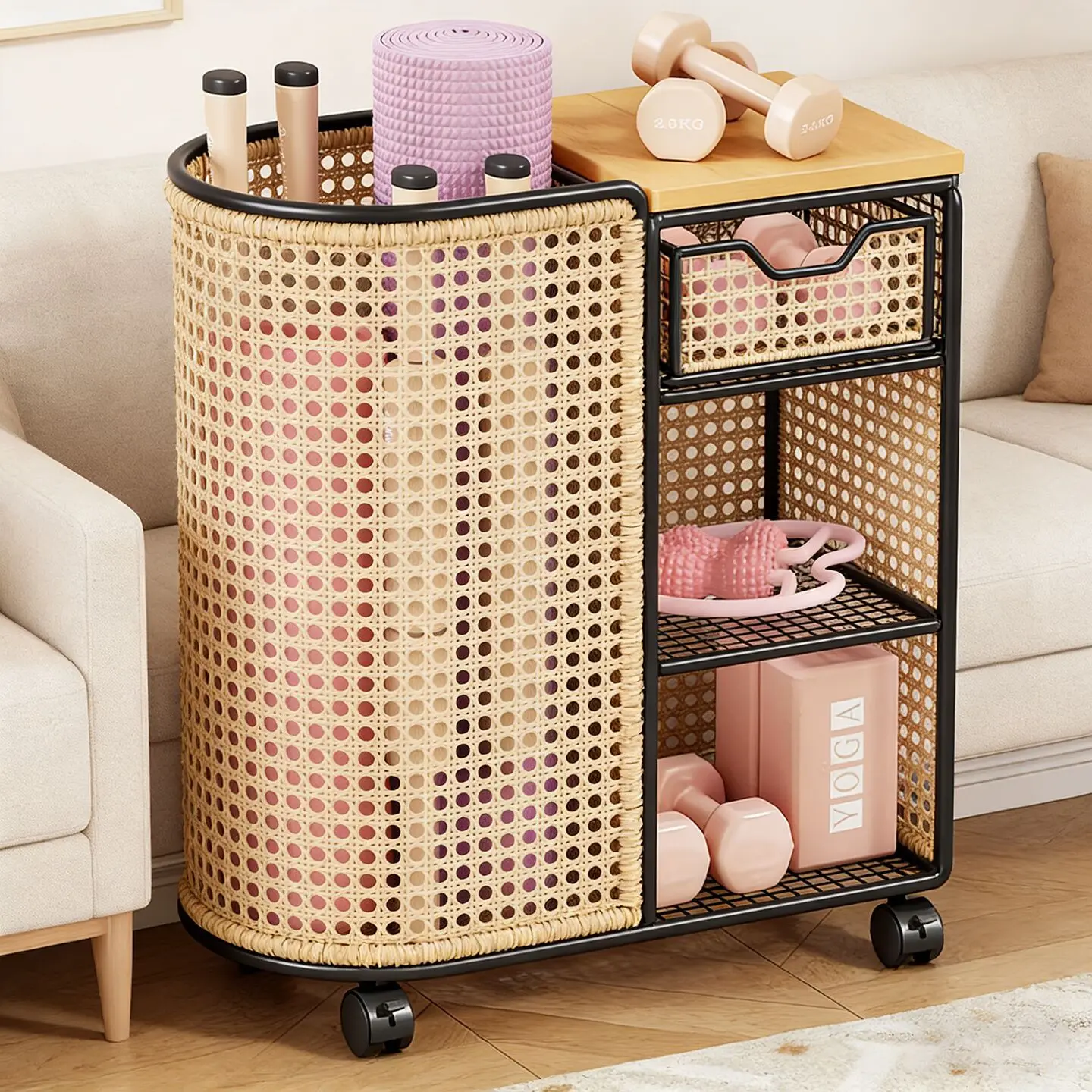 Yoga Mat Storage Basket Movable Sports Equipment Fitness Tools Badminton Racket Foam Roller Storage Basket