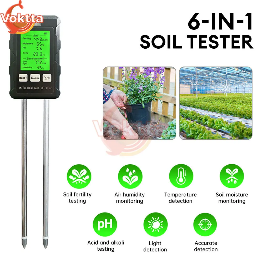 Imagem -02 - Testador de ph do Solo 6-em1 Teste de Temperatura de Umidade Tela Lcd Medidor de Umidade Testador de Água Nutriente Plantio de Flores do Jardim