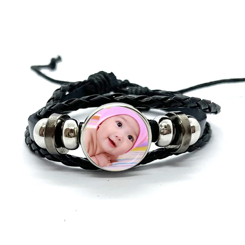 Custom Photo Multilayer Leather Bracelet Handmade Snap Button Bracelet Unisex Jewelry Glass Gem Bracelet for Men Gift