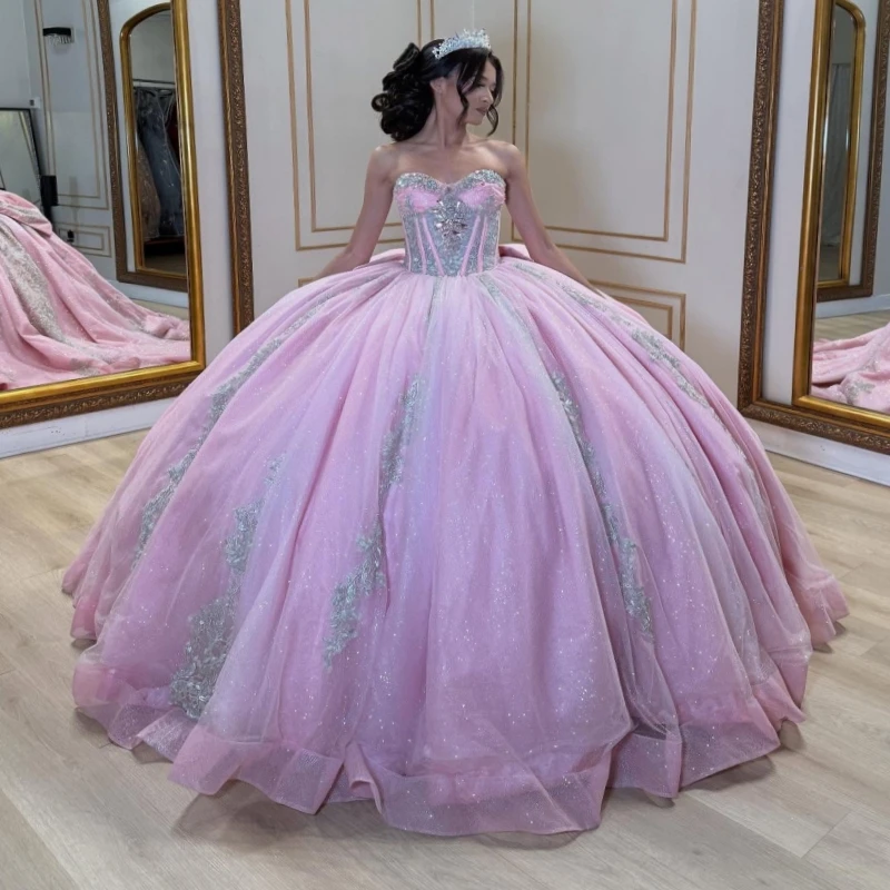 

Pink Shiny Quinceanera Dresses Off The Shoulder Applique Lace Beading Crystal Bow Corset Tull Party Birthday Sweet 16 Dress Vest