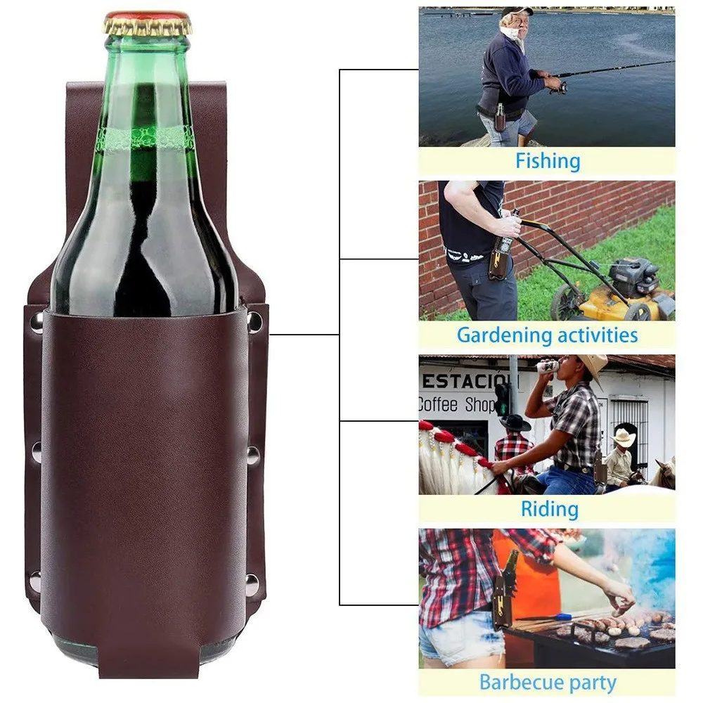 1pc Leather Beer Holster Portable Bottle Waist Beer Belt Bag Handy Wine Bottles Beverage Can Holder for Outdoor Camping Hiking