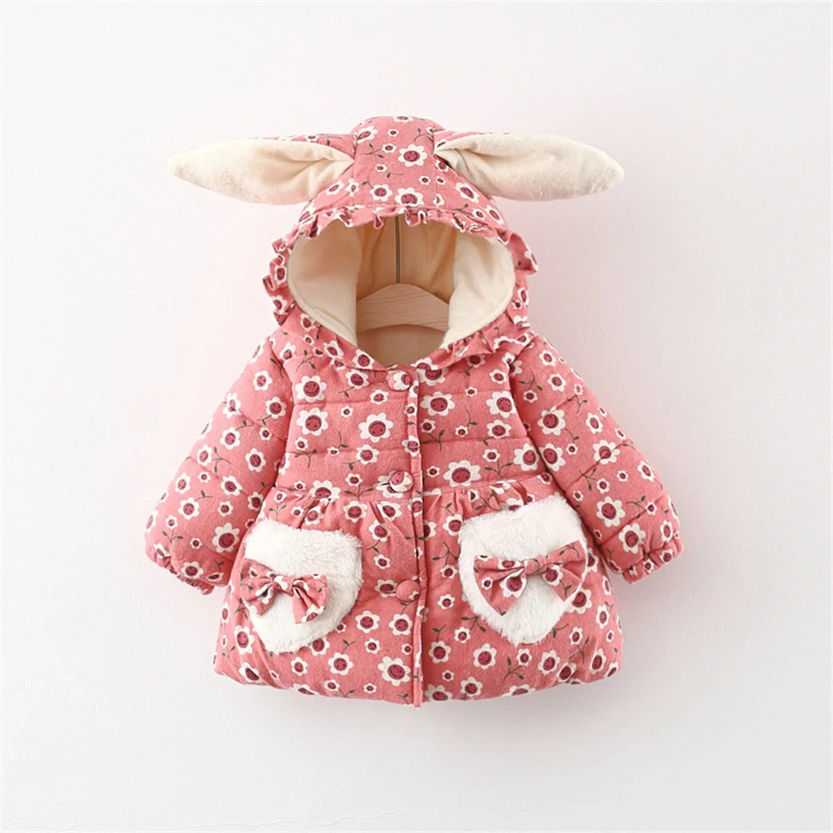 Winter Girl Cotton Coat Small Flower Love Bow Pocket Rabbit Ear Hooded Button Long Sleeve Plush Thickened Coat