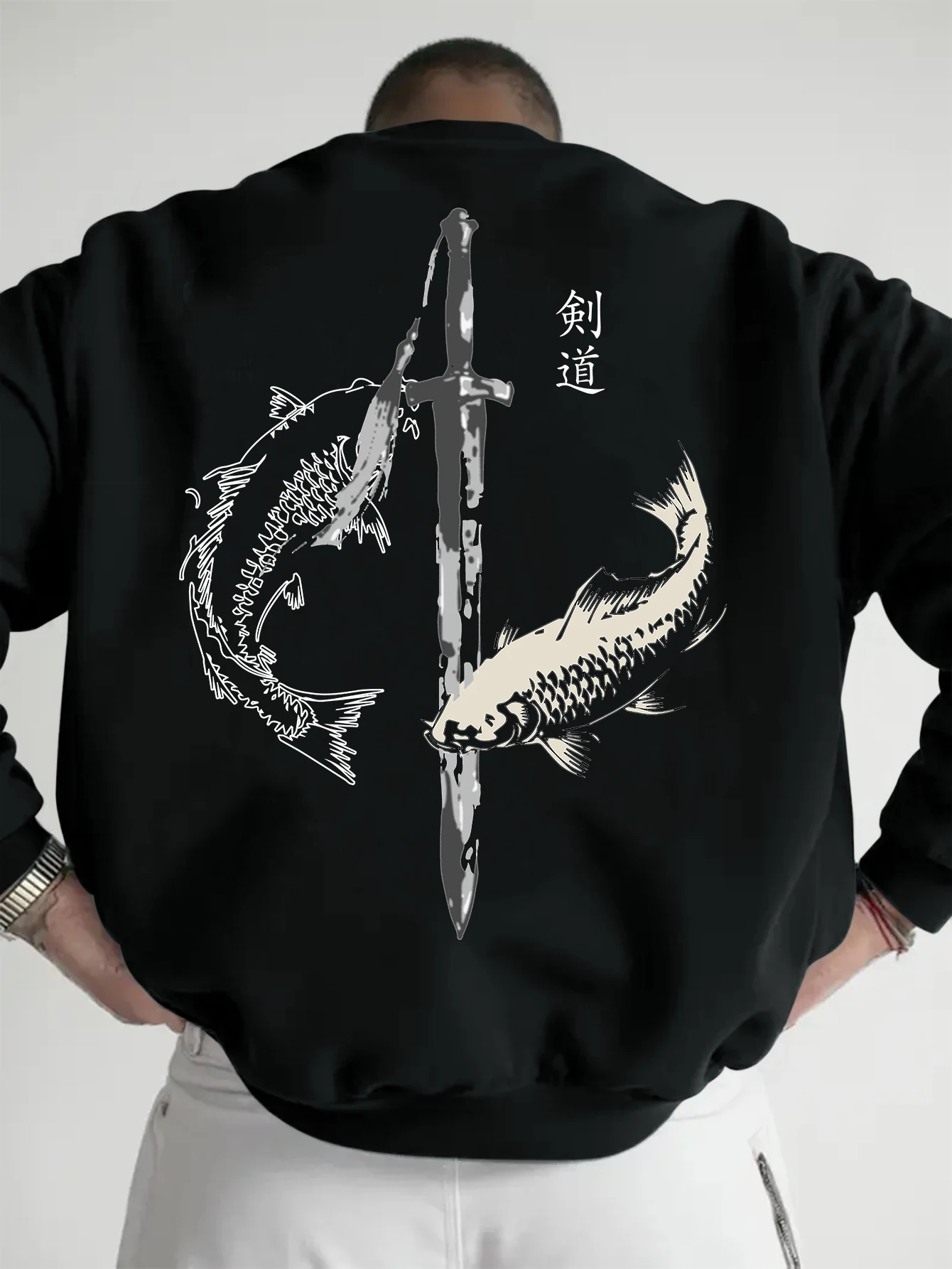 Men Japanese Kendo Koi Fish Sword Graphic Sweatshirt Harajuku Streetwear Oversized CrewneckSweatshirtOrientalAestheticLongSleeve