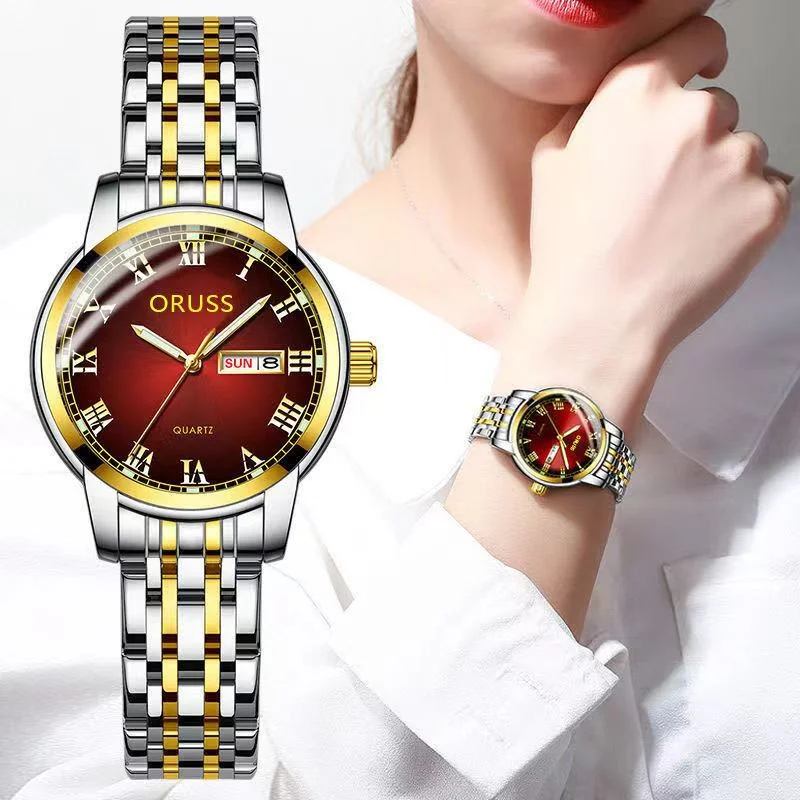 ORUSS Women's Quartz Watch with Roman Numerals, High-end and Handsome Steel Band, Durable Dual Calendar, Business Casual