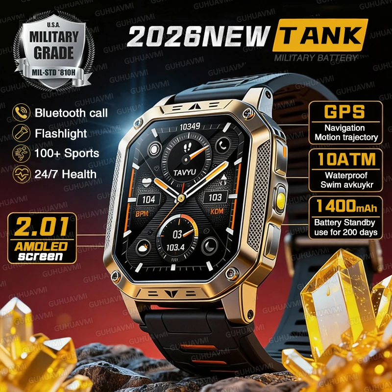 

2026 TANK Outdoor GPS Trajectory Military 1400mAh Battery Smart Watch Men 2.01"AMOLED IP68 Waterproof LED Flashlight Sport Watch