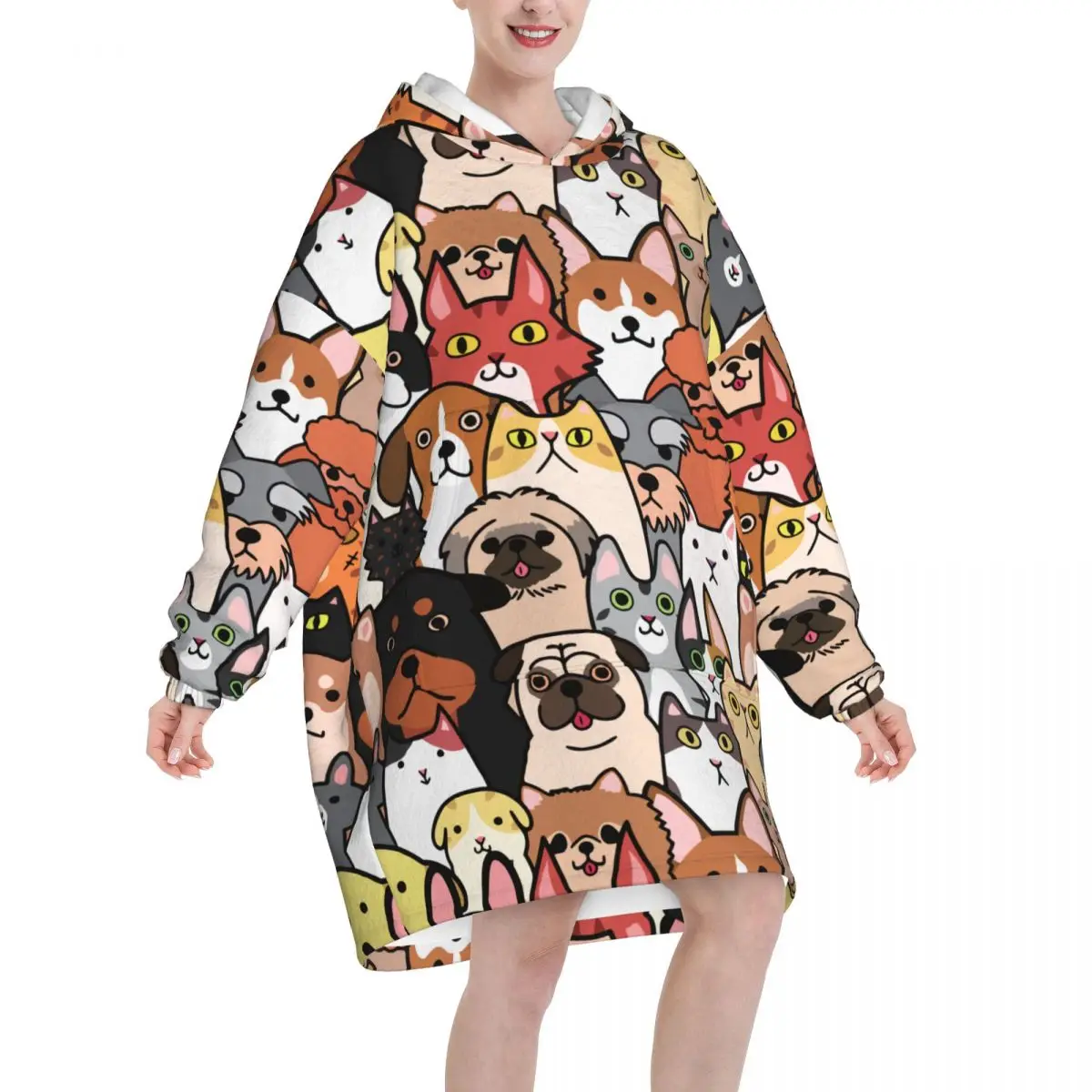 Fun Dog Cat Animals Wearable Blanket Hoodie for Women Men Cute Puppy Kitten Pet Oversized Sweatshirt Blanket with Pocket