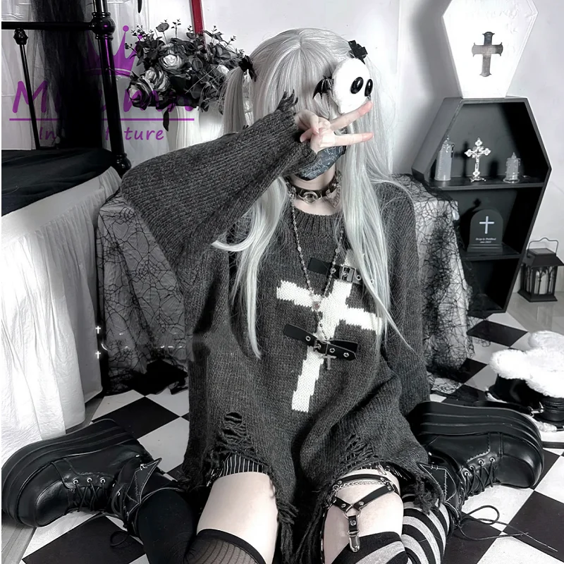 Harajuku Y2k Loose Long Sleeve Sweather Gothic Cross Metal Buckle Punk Women Knitted Pullover Chic Streetwear