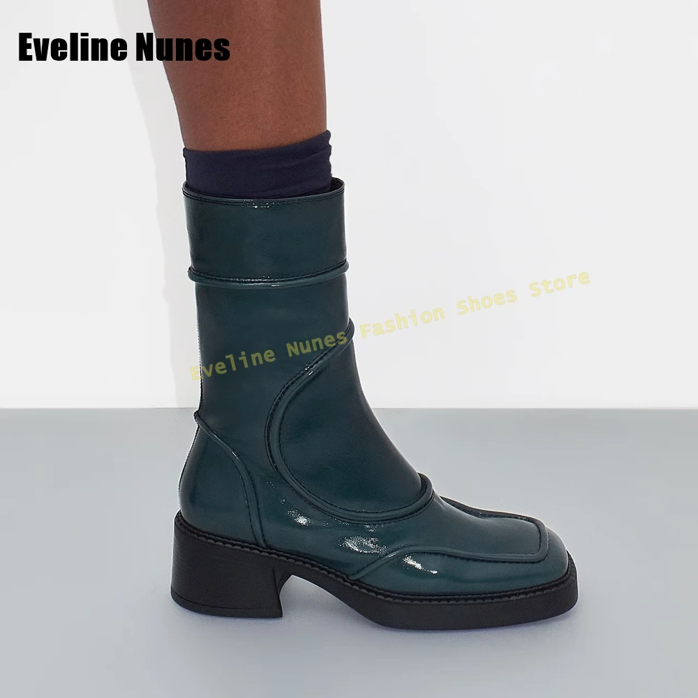 สีน้ําเงินเข้มสแควร์ Toe แฟชั่นรองเท้า Patchwork ซิปด้านข้าง Chunky Heel ผู้หญิงเพรียวบางโมเดิร์นกลางลูกวัวรองเท้า Retro 2025 ฤดูใบไม้ร่วงรองเท้า