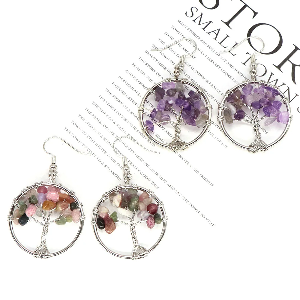 Tree of Life Dangle Earrings for Women Natural Tumbled Stone Rose Quartz Healing Crystal Drop Hooks Earring Chakra Jewelry Gifts