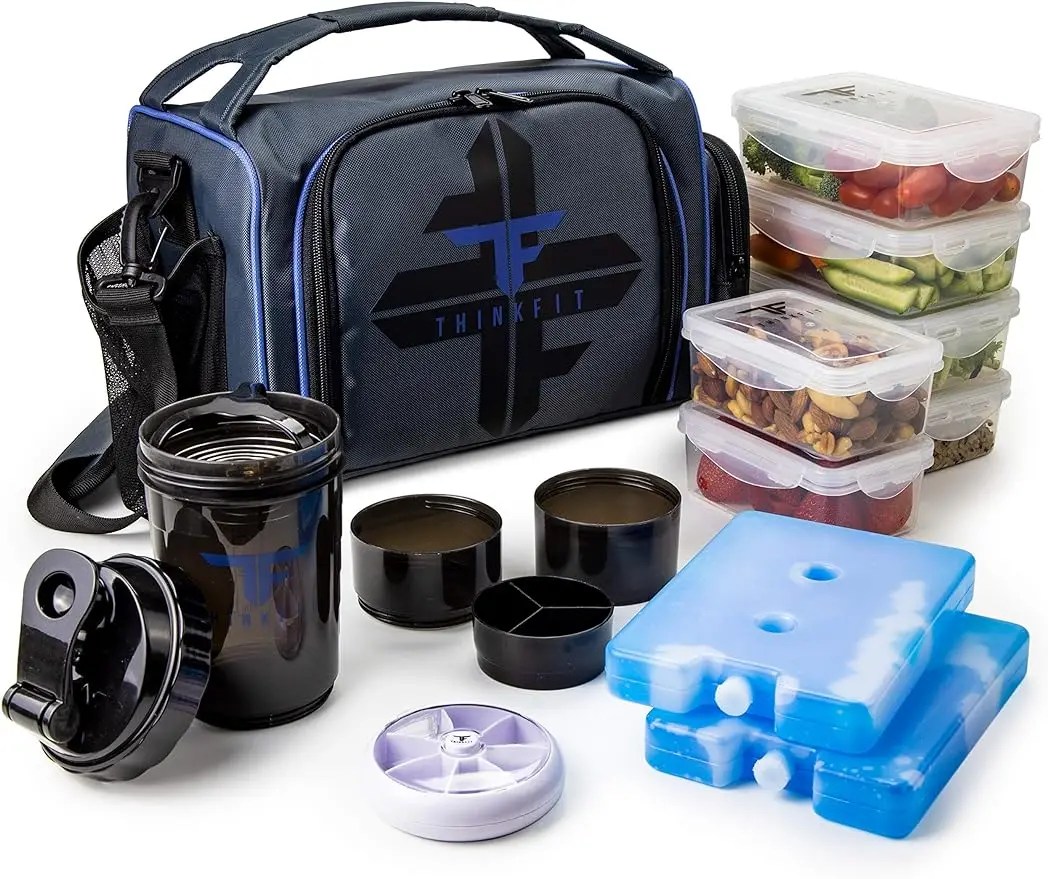 Insulated Lunch Box with 6 Portion Control Containers, Pill Dispenser, Shaker Cup & Ice Packs - BPA-Free, Reusable