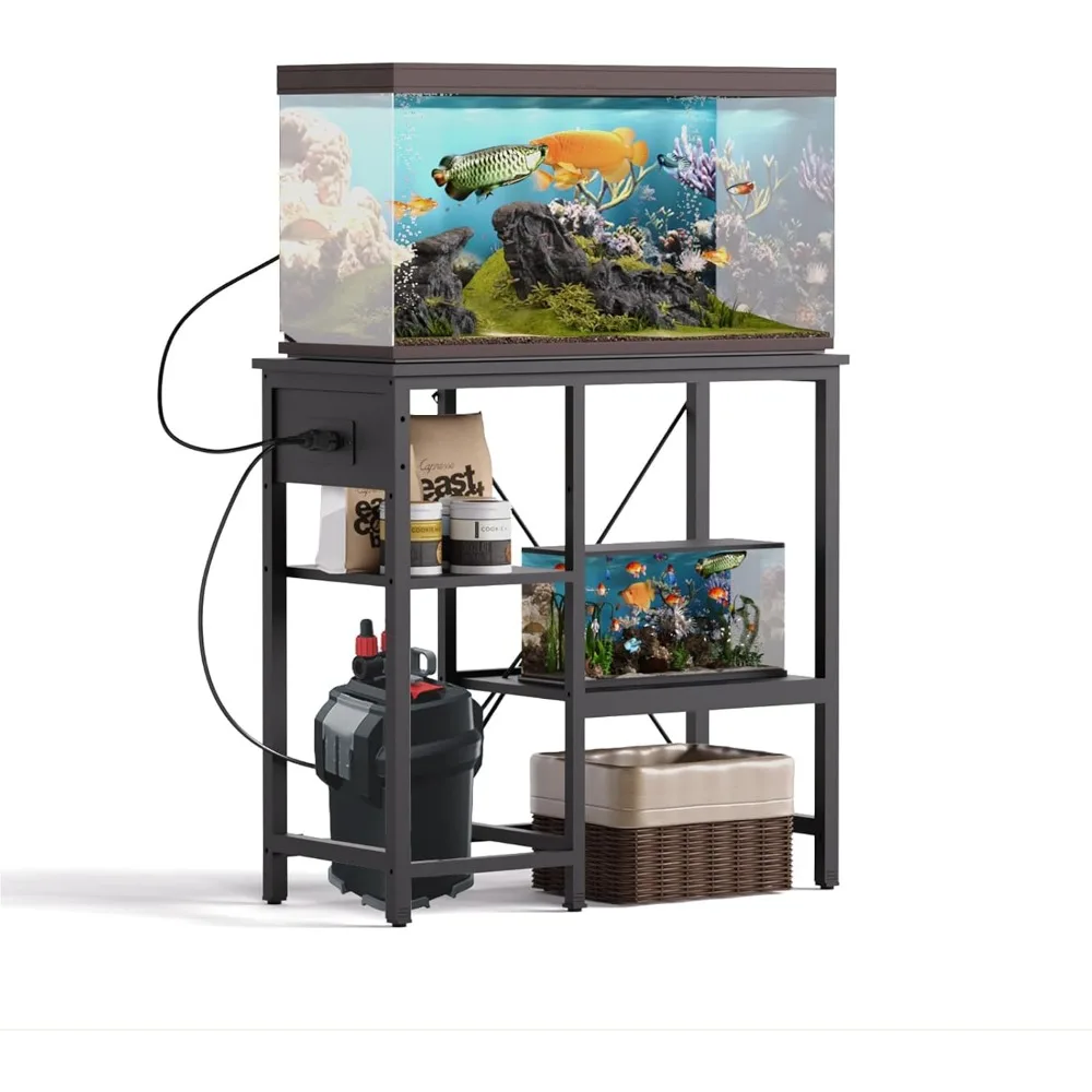 

20-29 Gallon Fish Tank Stand with Power Outlet & LED Light, Metal Aquarium Stand with 3 Tier Adjustable Storage Shelves,