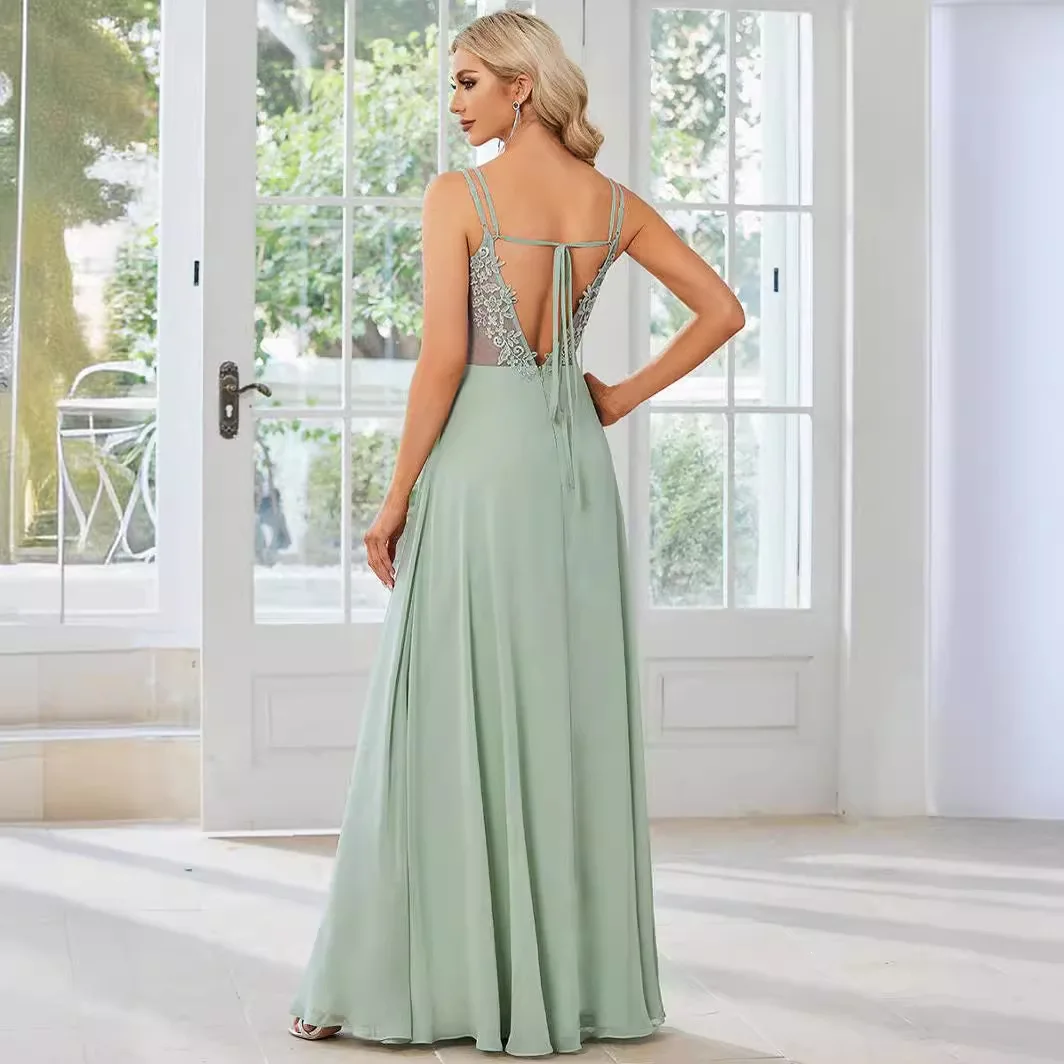 Elegant V-neck Ruched Sleeveless Back Lace Up Long Chiffon Bridesmaid Dress