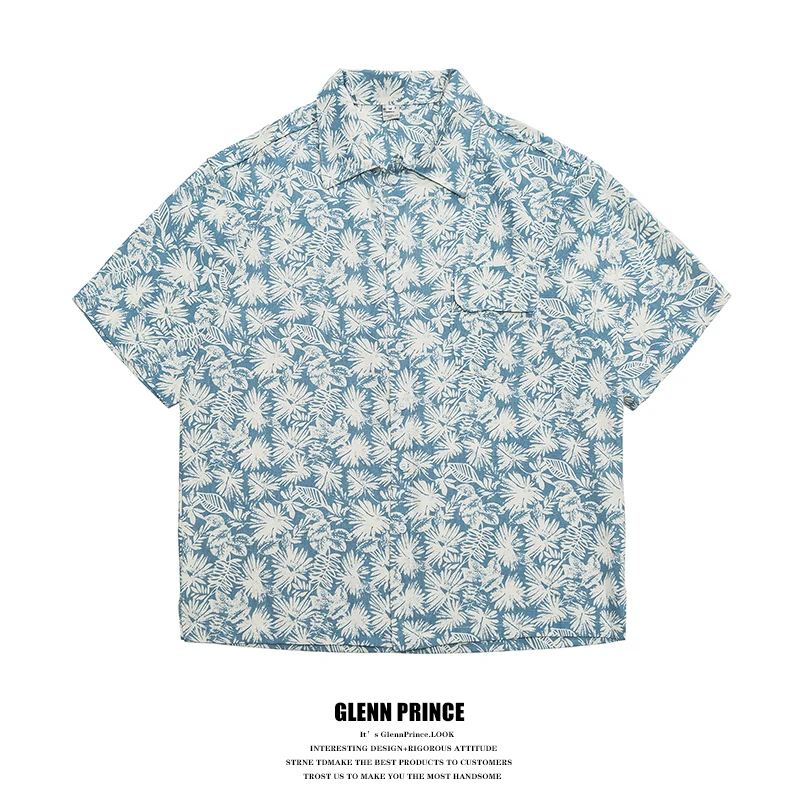 

GPstudio Japanese Retro Floral Cotton Linen ort Sve Men's Summer Casual Beach Sle irt Youth ular Loose Fit Printed