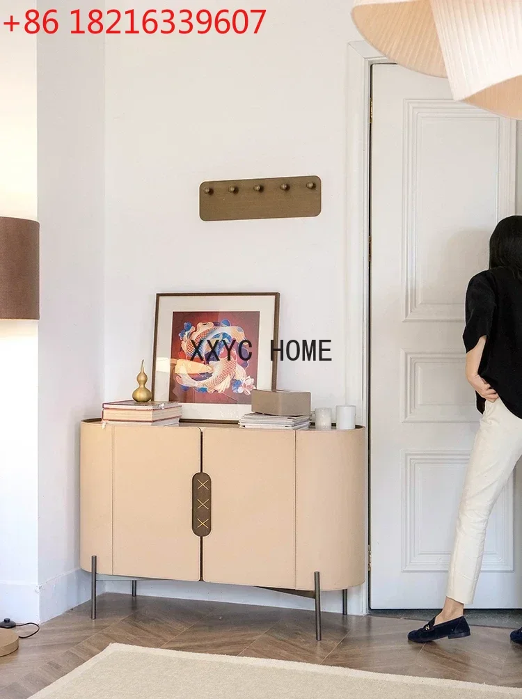 

TAO First Layer Saddle Leather Marble Entrance Cabinet Storage Multi-Purpose Double Door Sideboard Cabinet