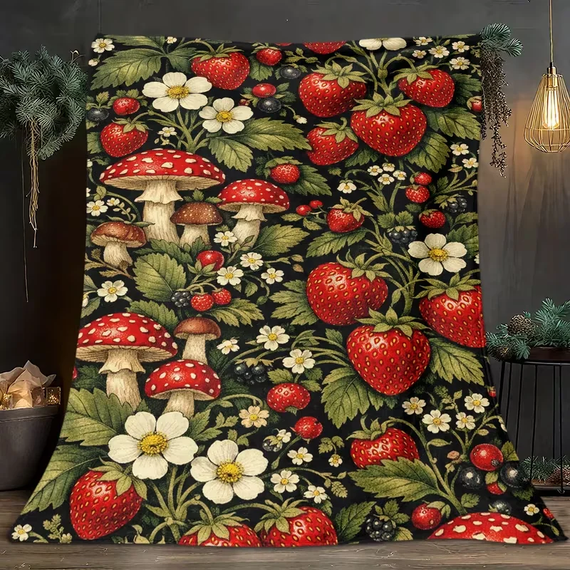 Vibrant Cartoon Red Strawberry Fruit Print Throw Blanket Soft All Season Blanket Cute Fruit Decor for Bedroom Sofa Living Room