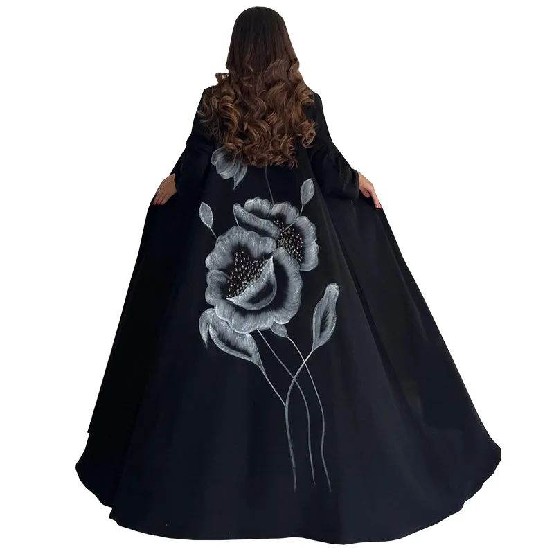 Modest Open Abaya Women Kaftan Muslim Dress Printed Rhinestone Beaded Middle East Islamic Clothing Abaya Dubai Cardigan Robe