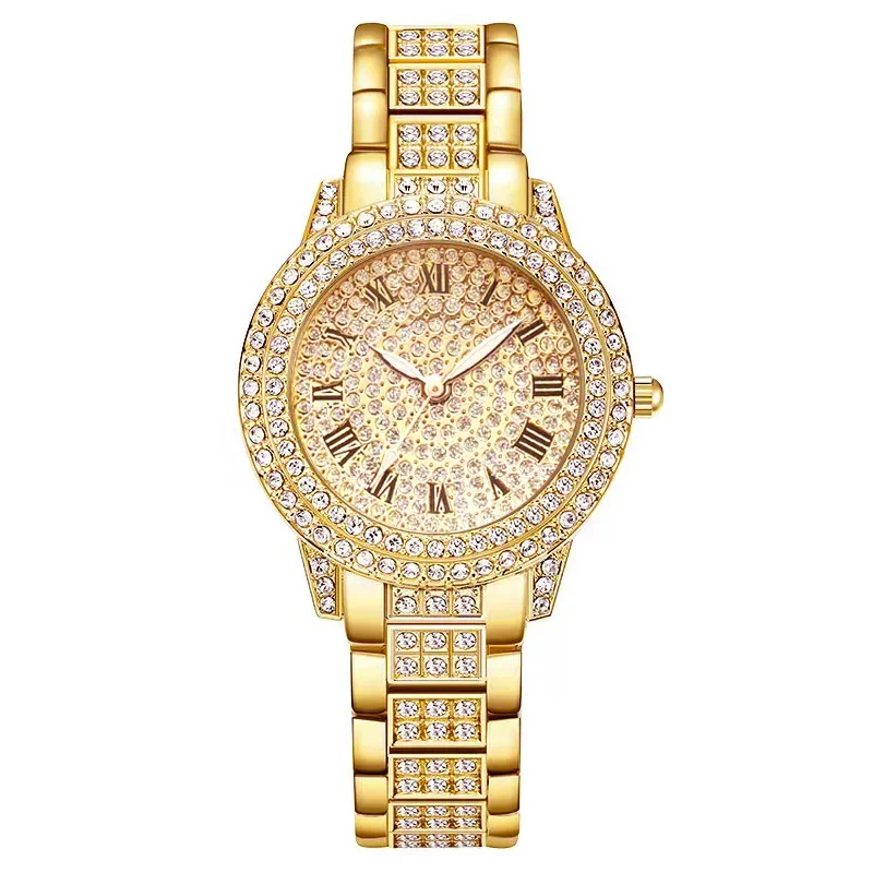 Mode Vrouwen Polshorlojes Relojes Para Mujer Luxe Klassiek Gouden Horloge Vrouwen Lichtmetalen Band Rond Strass Dail Quartz Horloges