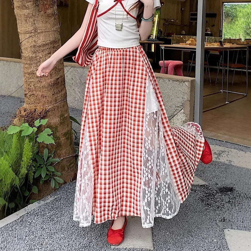 

Women's Retro Sweet Lace Patchwork Plaid Skirt Summer Casual Beach Long Skirt