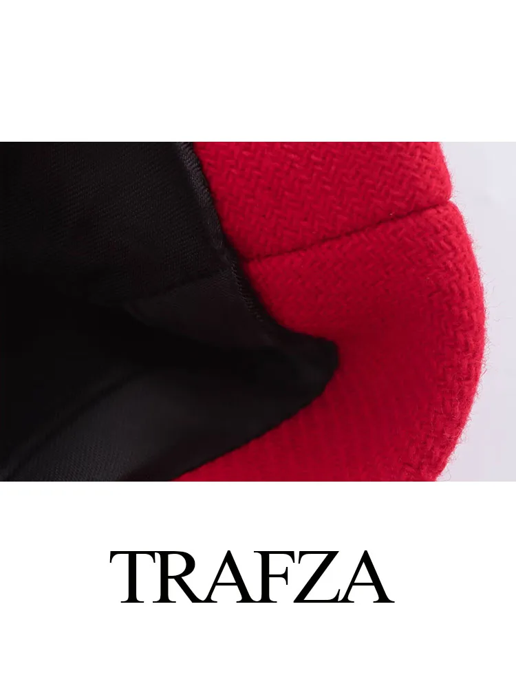 TRAFZA 2024 여성 캐주얼 코트, 레드 턴 다운 칼라, 긴팔, 루즈한 싱글 브레스트 가디건, 스트리트 우먼, 트렌디 겨울 코트