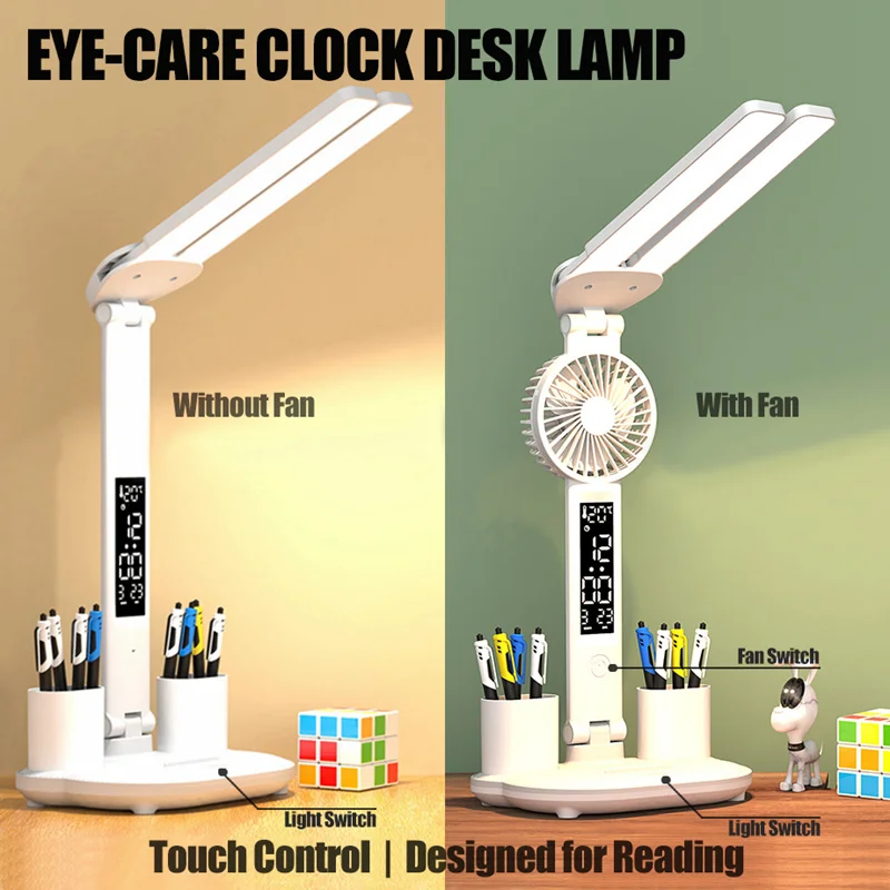 مصباح مكتبي للعناية بالعين مع مروحة ، شاشة عرض ليد ، ساعة رقمية ، usb ، تحكم باللمس ، 3 ألوان ، مصباح ليلي قابل للطي #2