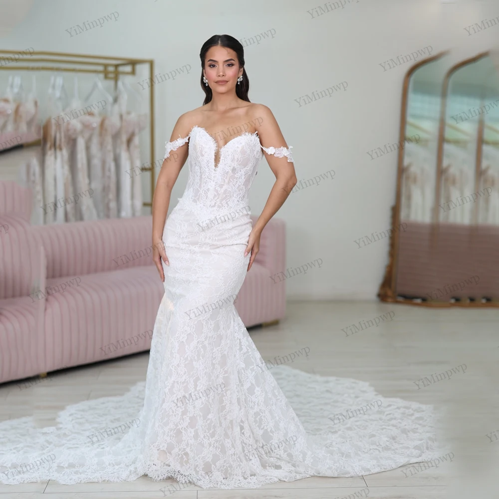 섹시한 여성 인어 웨딩드레스 맞춤형 오프숄더 V넥 레이스 아플리케 스윕 트레인 럭셔리 신부 드레스 맞춤 제작