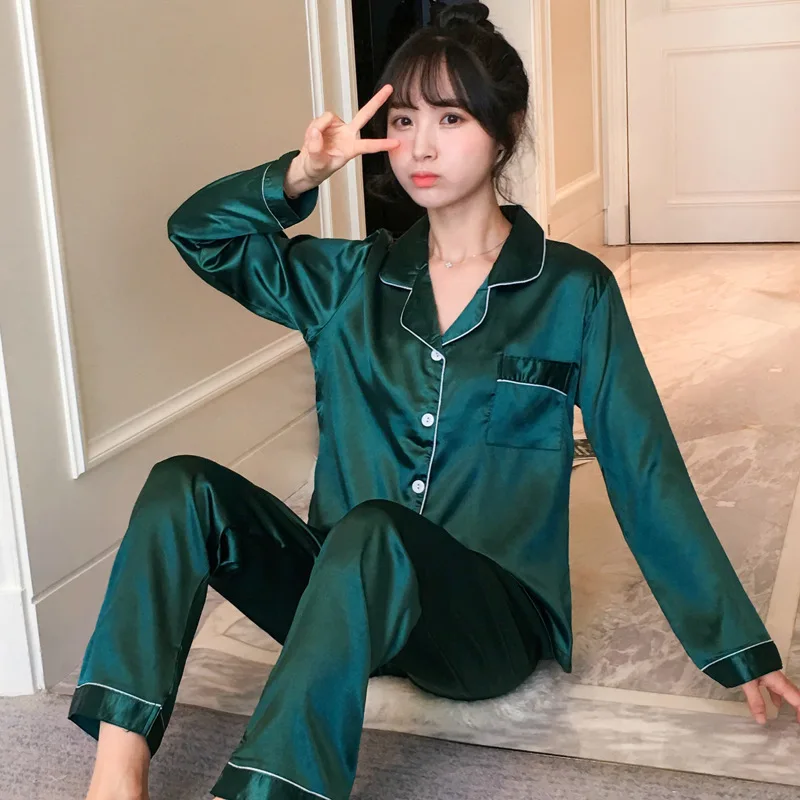 Pijamas de seda fina para mujer, ropa de casa con cuello holgado, pantalones largos de manga larga, conjunto de dos piezas, ropa de dormir femenina, primavera y otoño