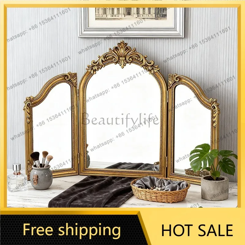 LS French retro makeup mirror gold carved three-sided folding European desktop light luxury makeup mirror