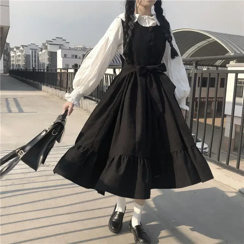 Vestidos maxi de verão camisas para mulheres casuais kawaii roupas de fadas manga longa vestido de alça lolita harajuku cottagecore robe