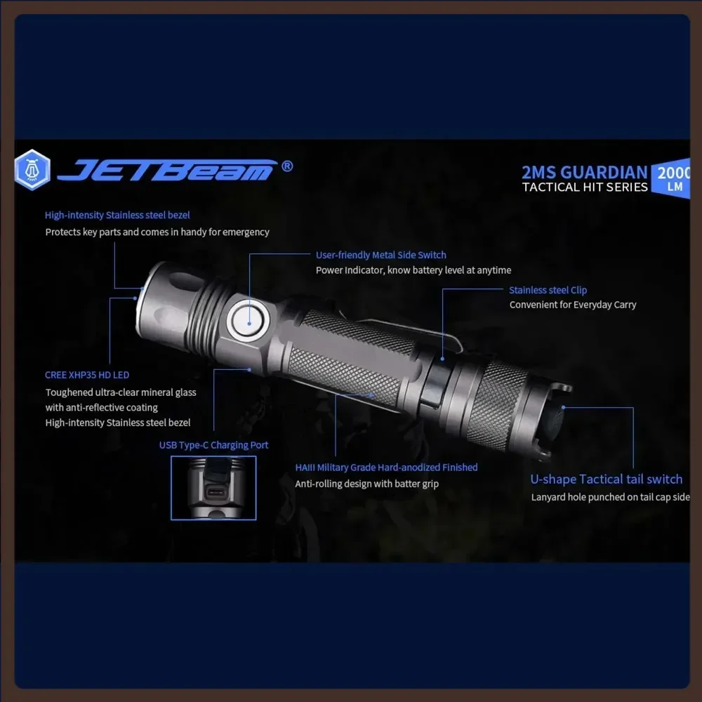 

JETBeam 2MS EDC LED Flashlight EDC Tactics 2000 Lumens USB-C Rechargeable Water Resistant Everyday Carry Black