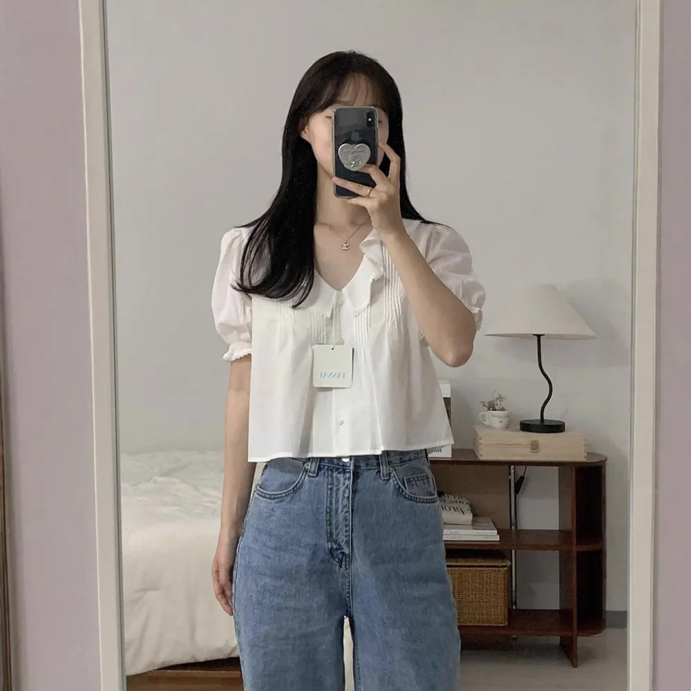 قميص نسائي صيفي من Tannat H25 Dongda Gate كاجوال متعدد الاستخدامات من القطن الخالص بحاشية مكشكشة ورقبة على شكل حرف v وأكمام ق...