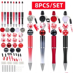 8PCS Halloween Bloody Terror Themed Ballpoint Pen & DIY Beads Set ,Office and Party Supplies, Ideal Gift for Friends and Family