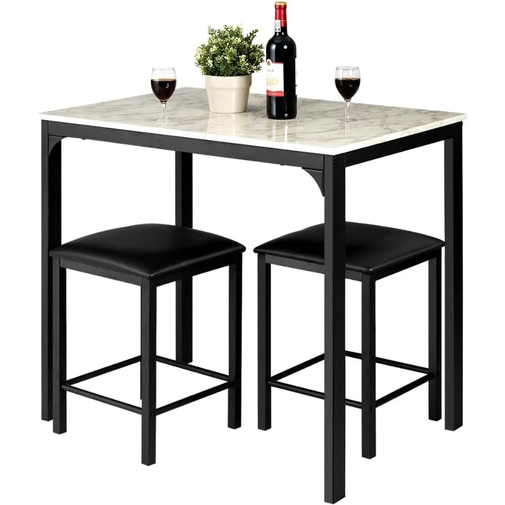 

Dining Table Set for 2 w/Faux Mable Tabletop and PU Leather Stools, 3 Pieces Table and Chairs, 2 Person Kitchen Table Set