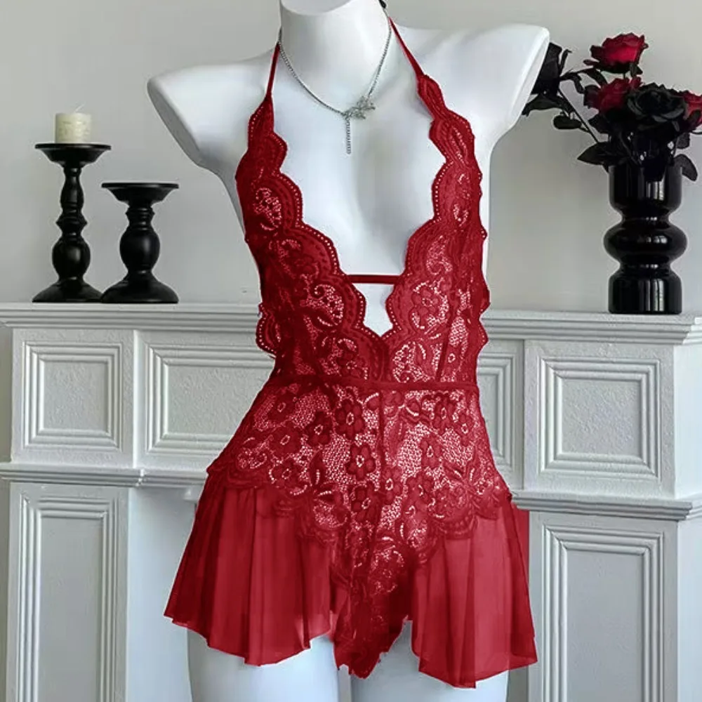 

Elegant Nightgown Sexy Lace Bodysuit Hanging Neck Slim Fit Sexy Clothing Dress Nightdress Camisole Lace Corset Skirt Cosplay