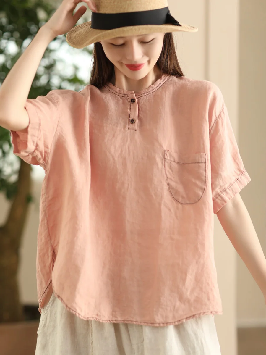 

Женская льняная блузка ручной работы в винтажном стиле с воротником-стойкой, свободного кроя, стандартной длины, премиум-качества, для повседневной носки