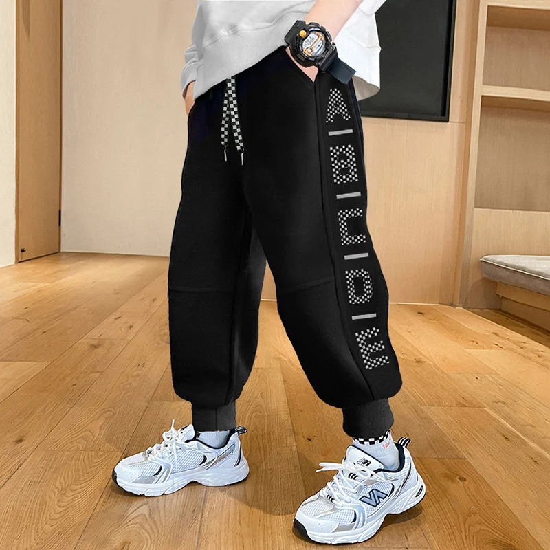 

Children Autumn Black Color Cotton Sports Jogger Pants for Boys Casual Tapered Trousers Kids Letter Sporty Sweatpants Trackpants