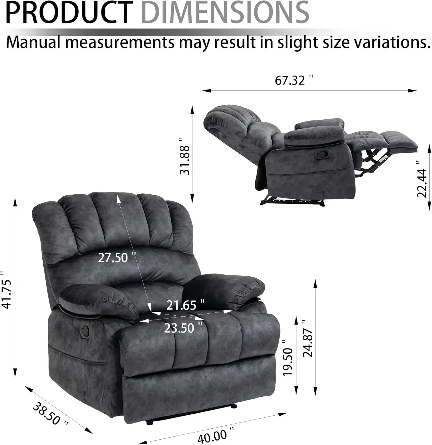 Large Boy Lazy Recliner Chair for Adult, Comfortable Manual Single Recliner Sofa in Velvet Fabric, Oversized Reclining Chair