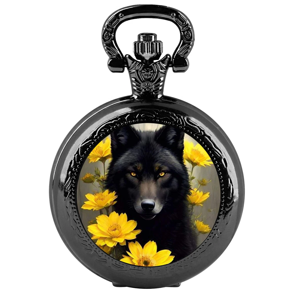 Limited Time Offer - Yellow Flower Wolf Totem Glass Patch Quartz Pocket Watch, Beautifully Crafted