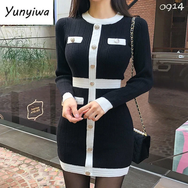 Nowe dzianinowe sukienki Bodycon z długim rękawem dla kobiet Jesień Mini Sweter Vintage Czarny Biuro Koreański Krótki Elegancki vestido de mujer