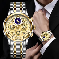 LIGE Mens Watches Top Brand Luxury Skeleton Quartz Wristwatch Fashion Business Stainless Gold Watch for Men Reloj Hombre+Box